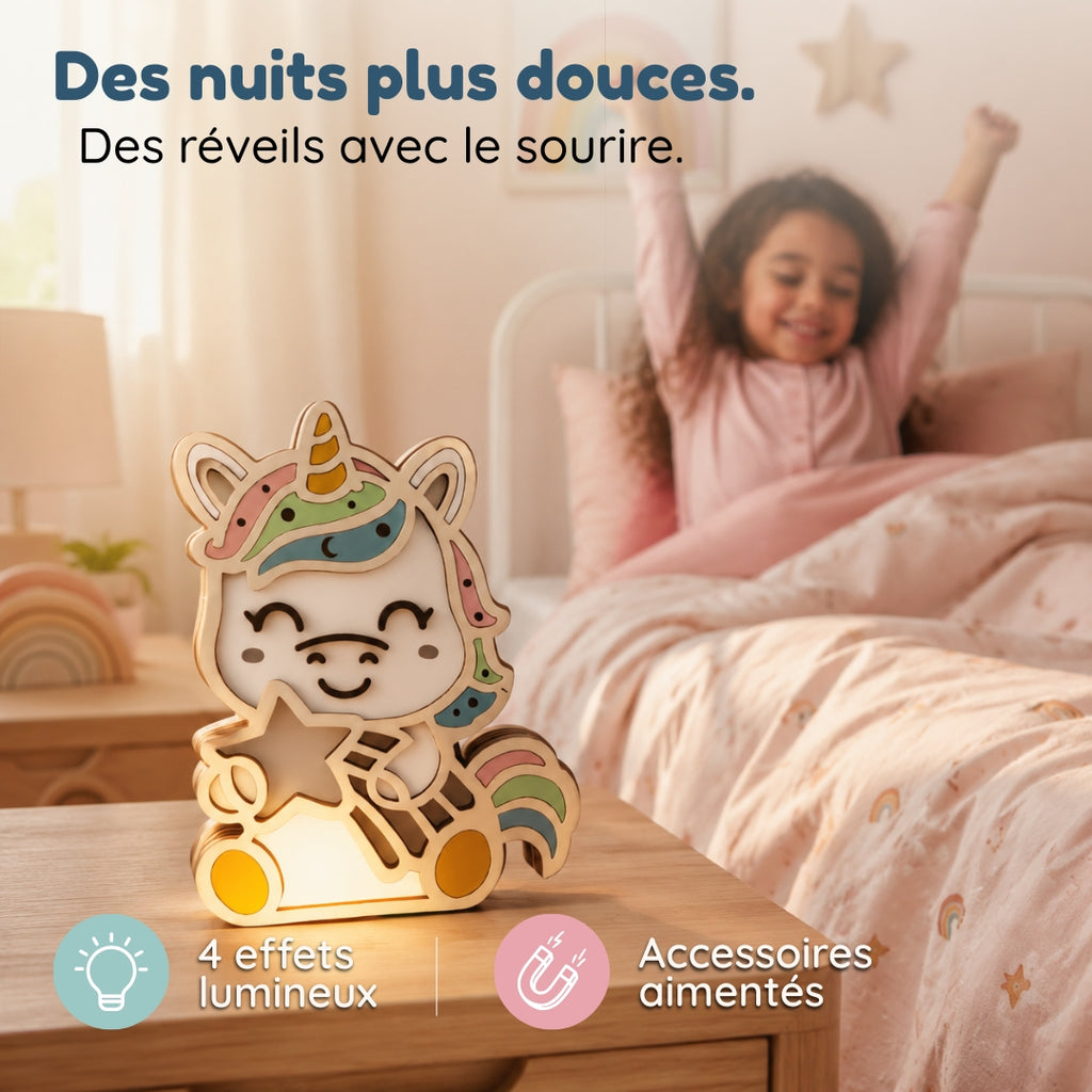 Veilleuse en bois personnalisée Licorne – Son gardien aux mille histoires