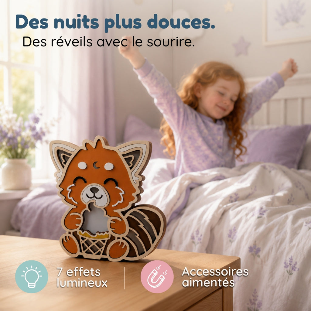 Veilleuse en bois personnalisée Panda roux – Son gardien aux mille histoires