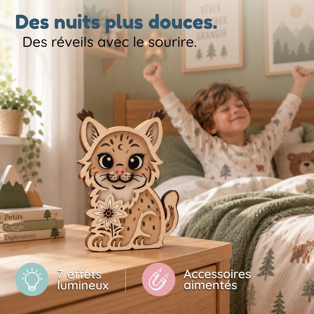 Veilleuse en bois personnalisée Lynx – Son gardien aux mille histoires