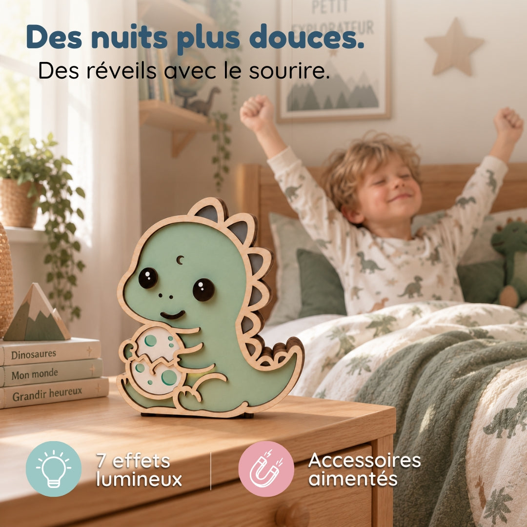 Veilleuse en bois personnalisée T-rex – Son gardien aux mille histoires