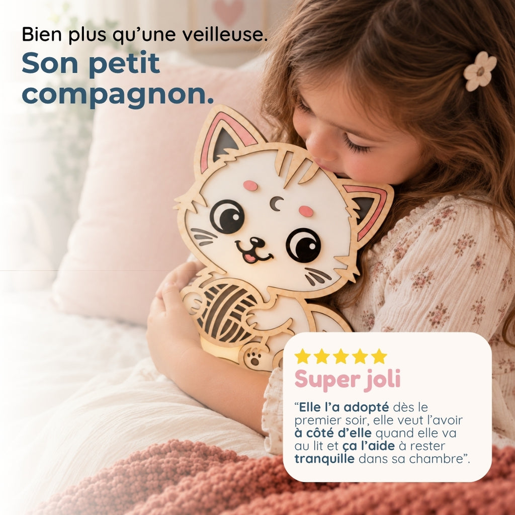 Veilleuse en bois personnalisée Chat – Son gardien aux mille histoires