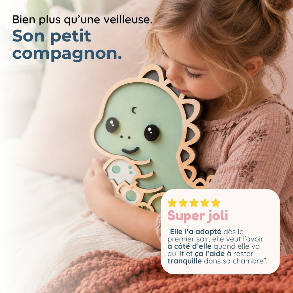 Veilleuse en bois personnalisée T-rex – Son gardien aux mille histoires