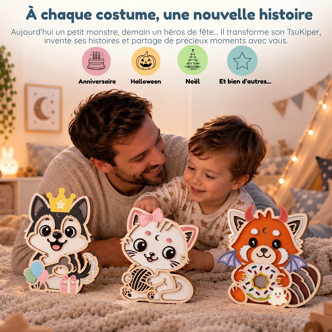 Veilleuse en bois personnalisée Chat – Son gardien aux mille histoires