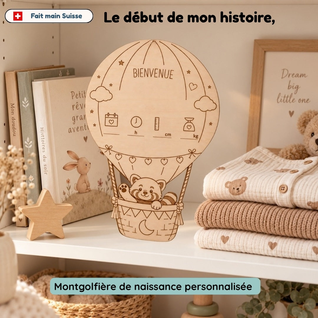 Le jour où tout a commencé - Affiche de naissance personnalisée en bois – Montgolfière