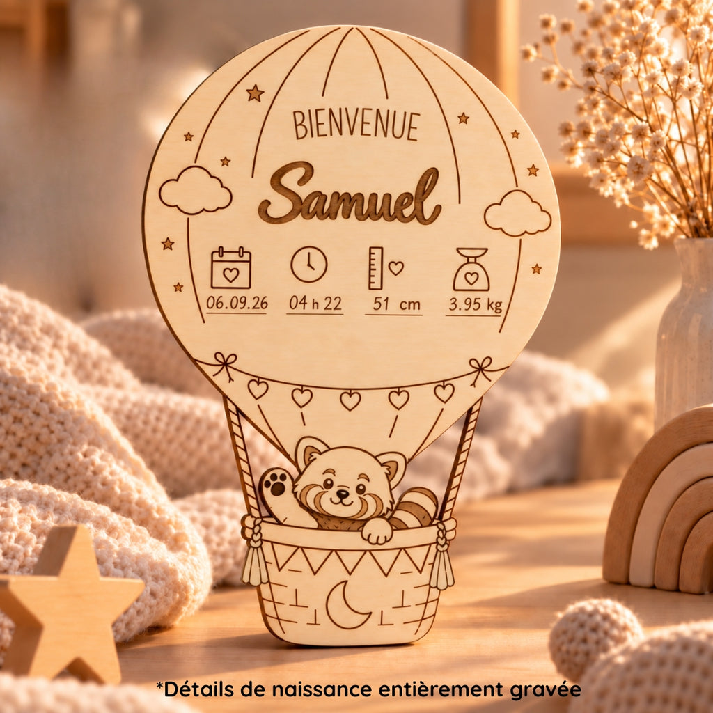 Le jour où tout a commencé - Affiche de naissance personnalisée en bois – Montgolfière
