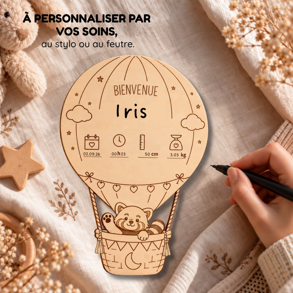 Le jour où tout a commencé - Affiche de naissance personnalisée en bois – Montgolfière