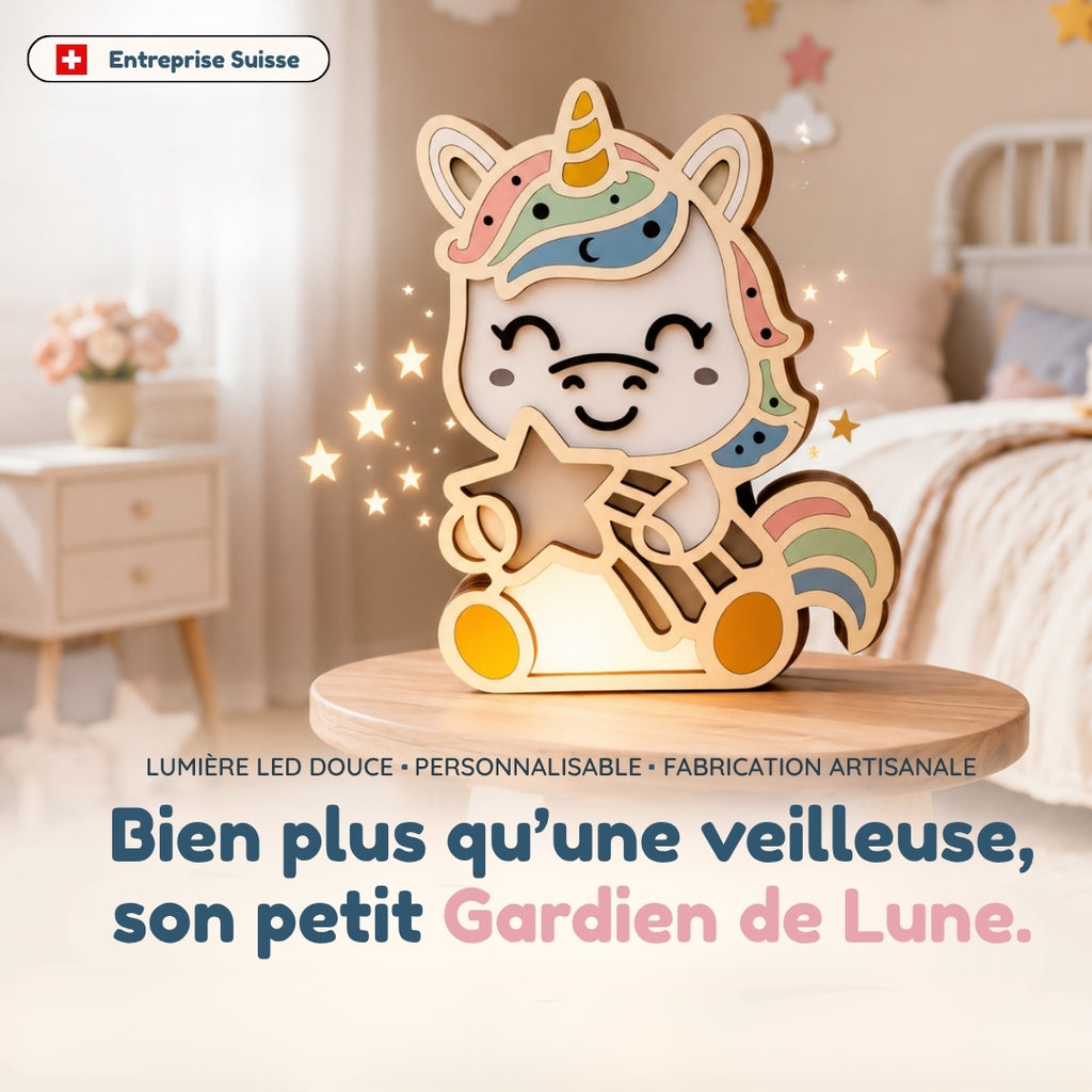 Veilleuse en bois personnalisée Licorne – Son gardien aux mille histoires