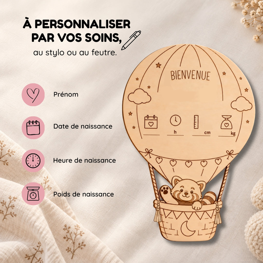 Le jour où tout a commencé - Affiche de naissance personnalisée en bois – Montgolfière