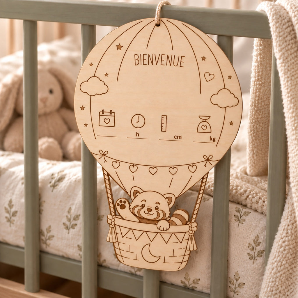 Le jour où tout a commencé - Affiche de naissance personnalisée en bois – Montgolfière