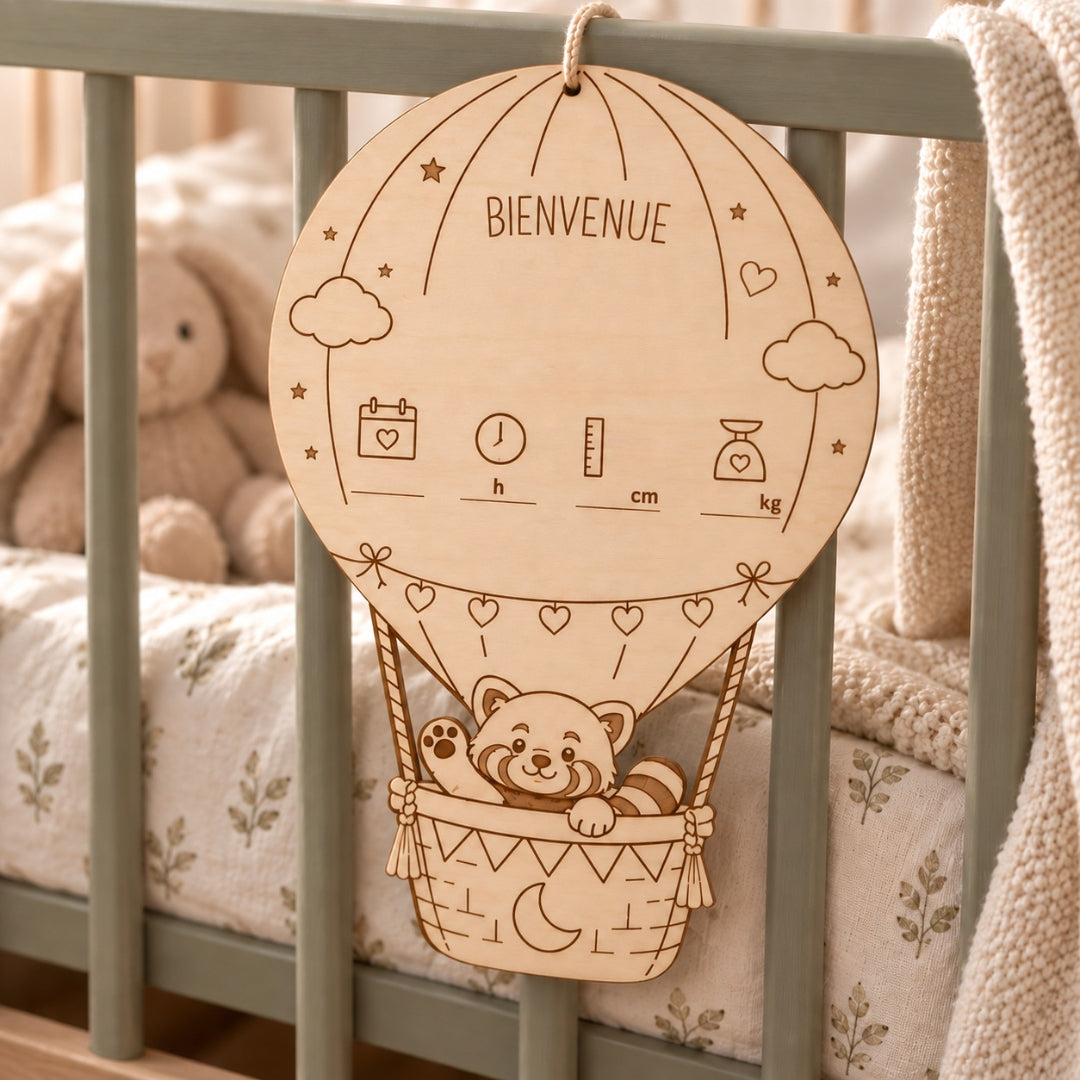 Le jour où tout a commencé - Affiche de naissance personnalisée en bois – Montgolfière