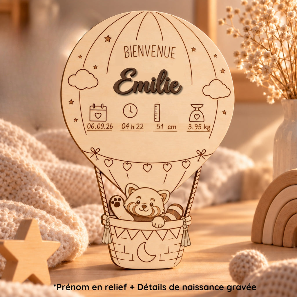 Le jour où tout a commencé - Affiche de naissance personnalisée en bois – Montgolfière