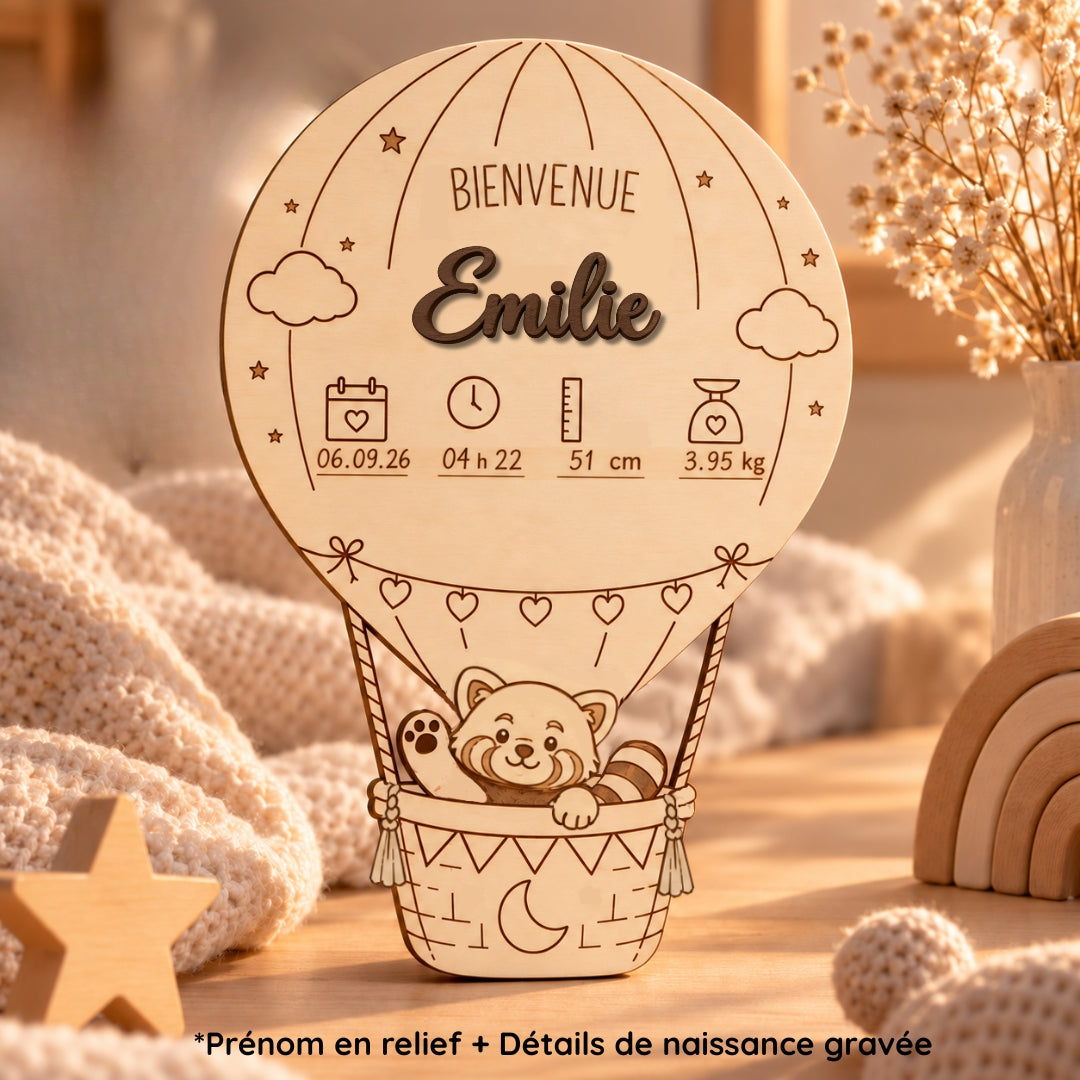 Le jour où tout a commencé - Affiche de naissance personnalisée en bois – Montgolfière