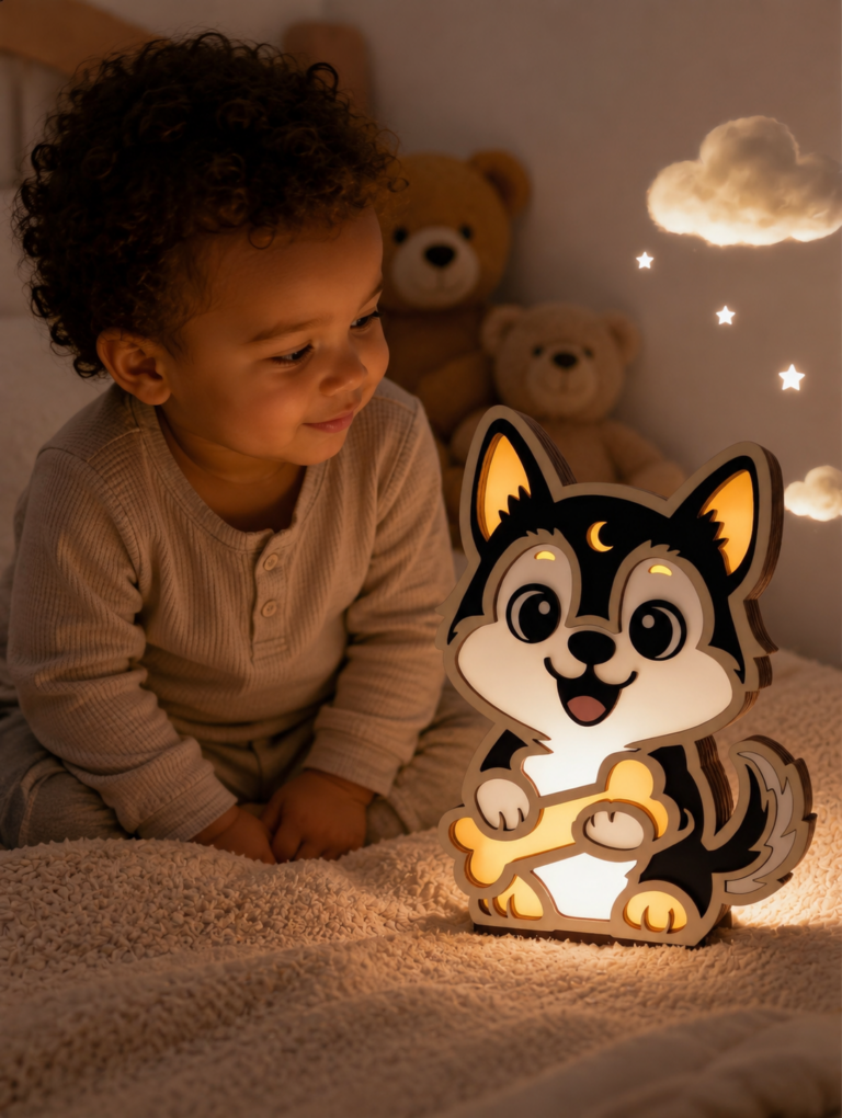 Veilleuse en bois personnalisée Husky – Son gardien aux mille histoires