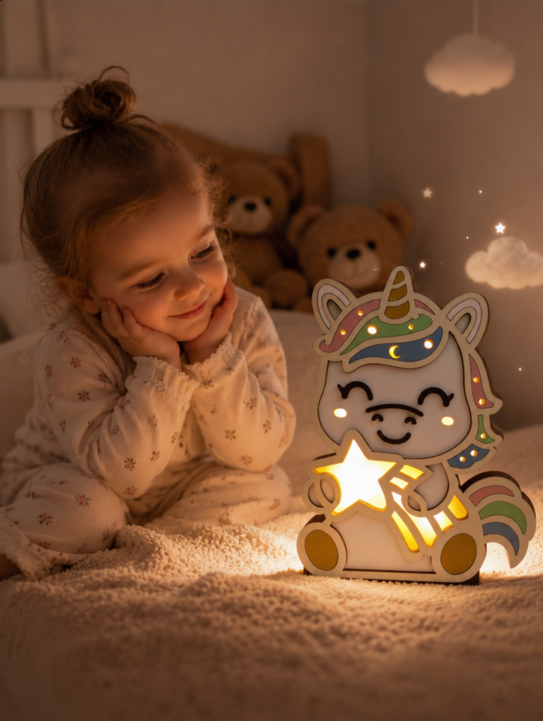 Veilleuse en bois personnalisée Licorne – Son gardien aux mille histoires