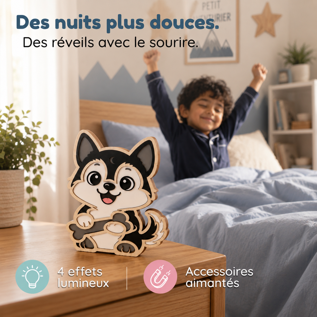 Veilleuse en bois personnalisée Husky – Son gardien aux mille histoires