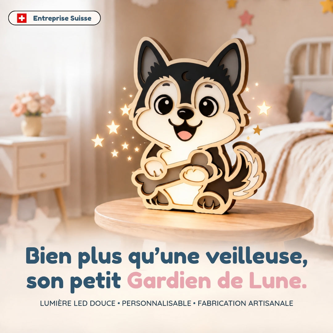 Veilleuse en bois personnalisée Husky – Son gardien aux mille histoires