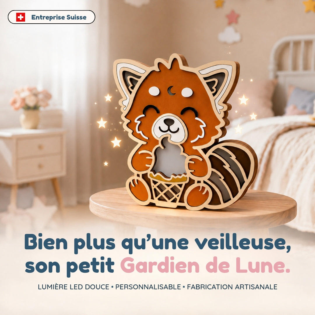 Veilleuse en bois personnalisée Panda roux – Son gardien aux mille histoires