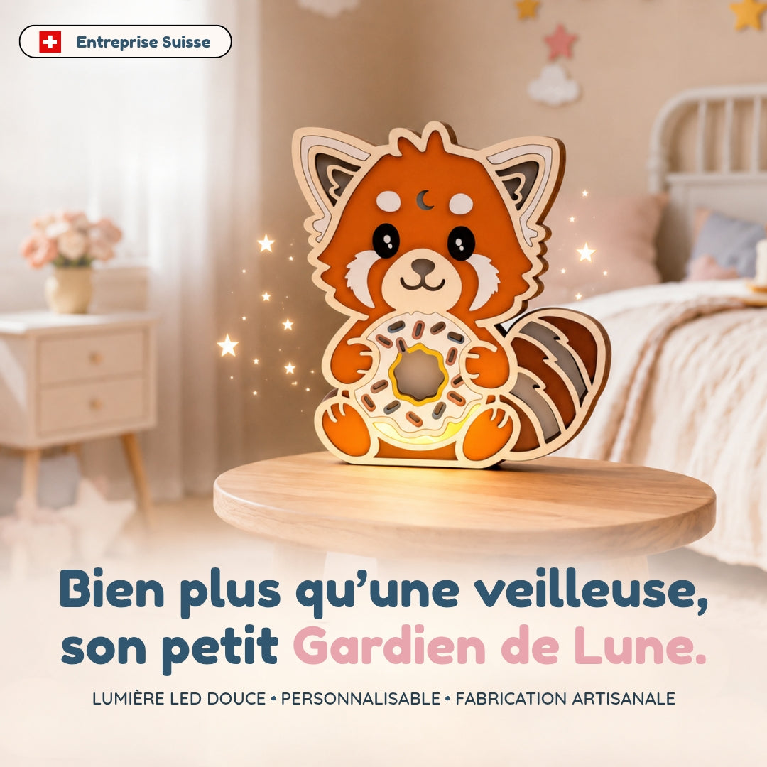 Veilleuse en bois personnalisée Panda roux – Son gardien aux mille histoires