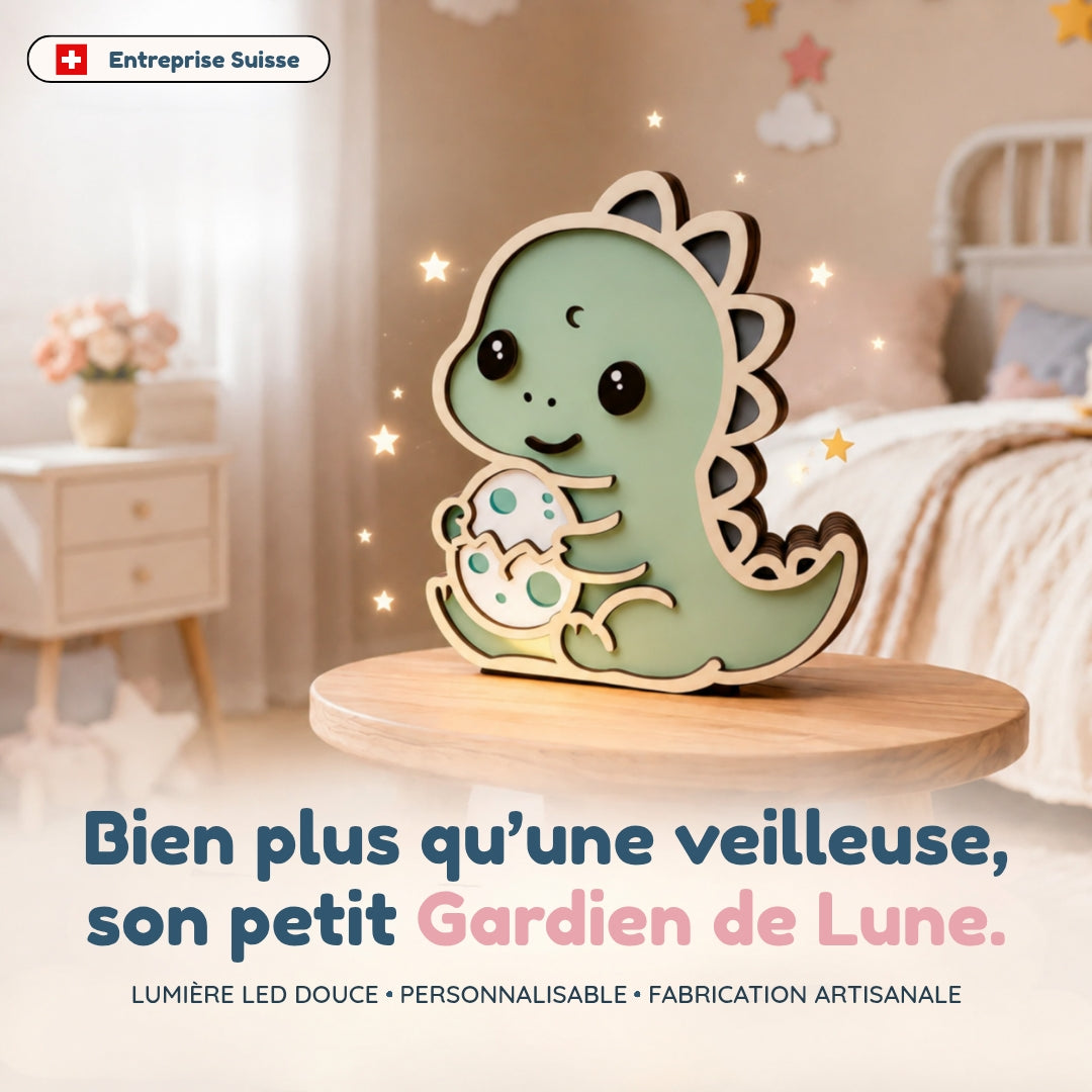 Veilleuse en bois personnalisée T-rex – Son gardien aux mille histoires