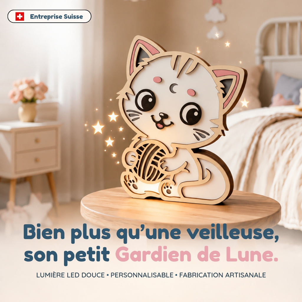 Veilleuse en bois personnalisée Chat – Son gardien aux mille histoires