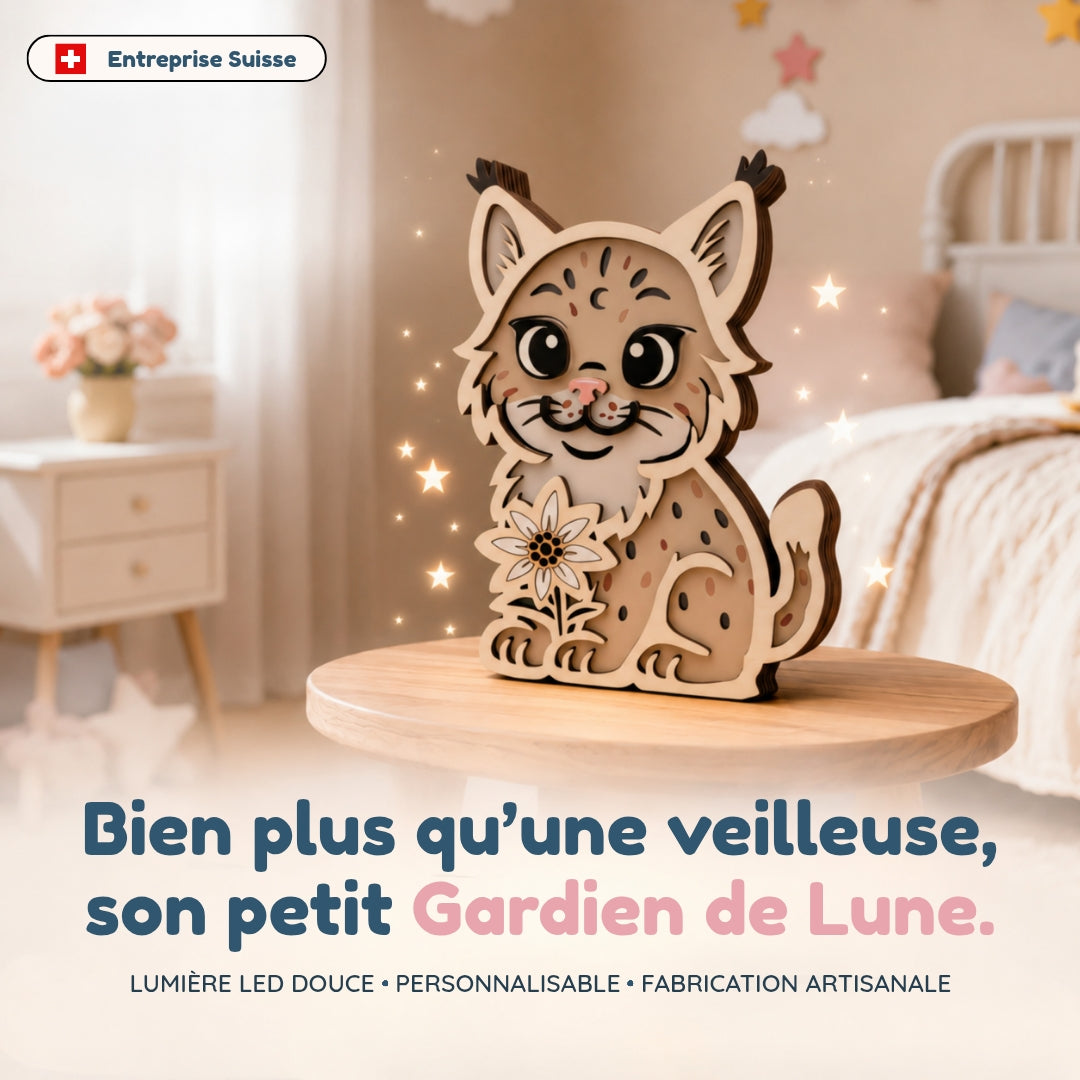 Veilleuse en bois personnalisée Lynx – Son gardien aux mille histoires