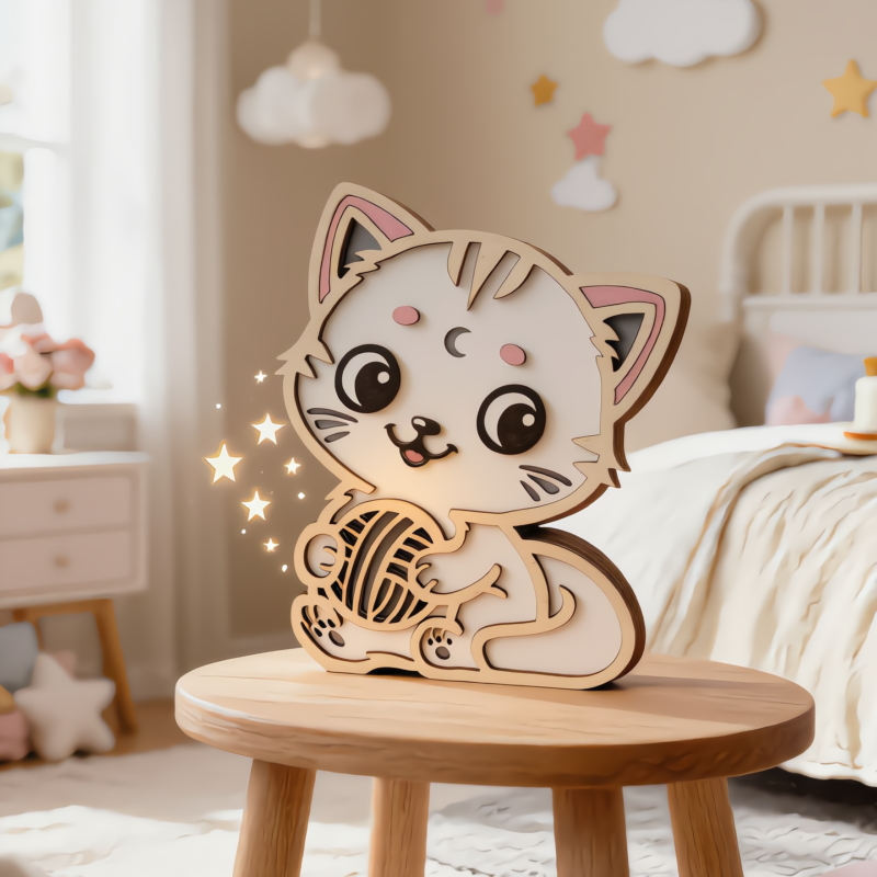 Veilleuse enfant en bois chat personnalisable pour chambre bébé