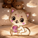 Veilleuse chat allumée installée dans chambre d’enfant