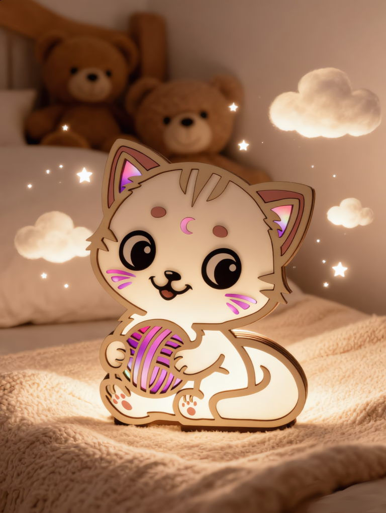Veilleuse chat allumée installée dans chambre d’enfant
