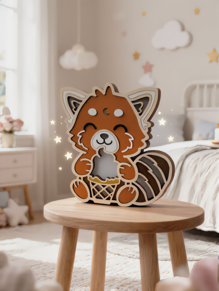 Veilleuse enfant en bois panda roux personnalisable pour chambre bébé