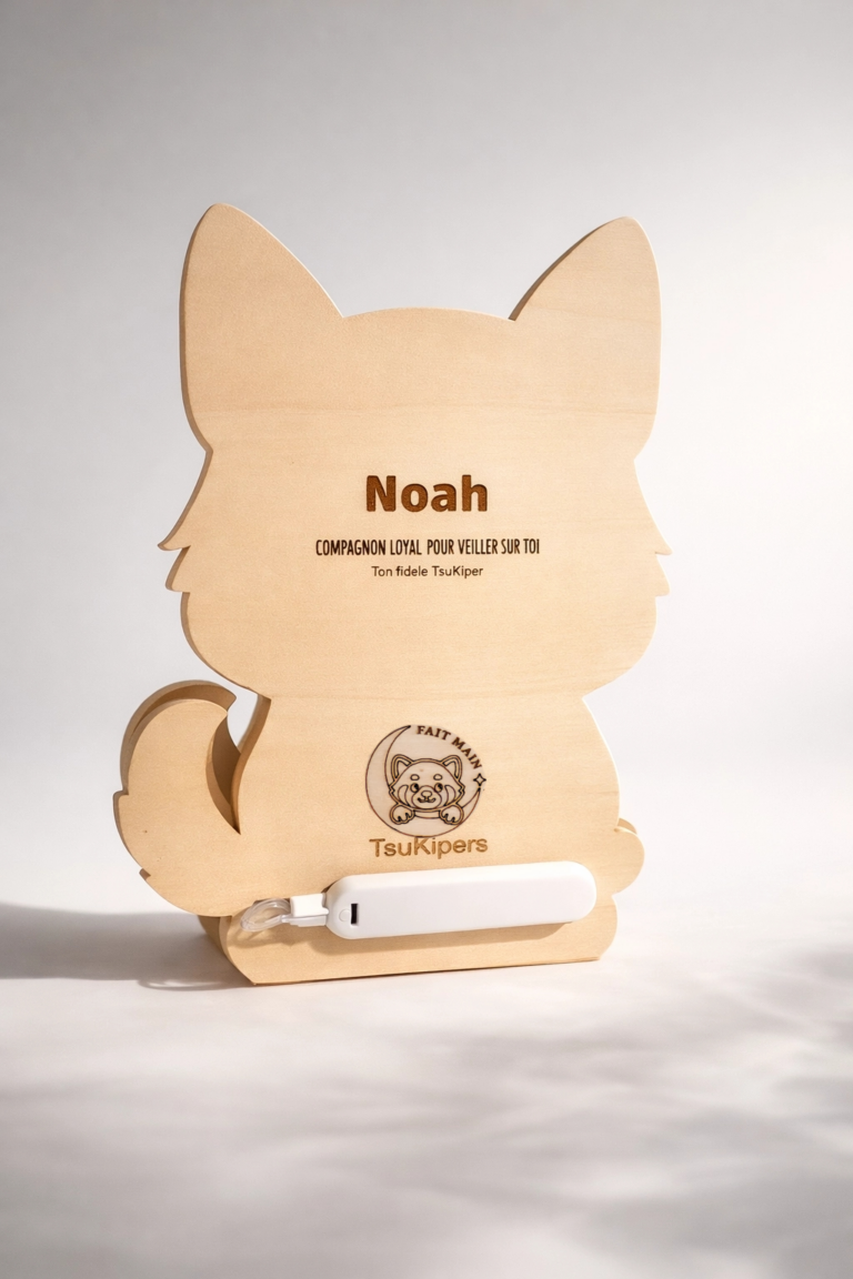 Veilleuse enfant en bois Chien vue de dos avec gravure personnalisée pour chambre bébé