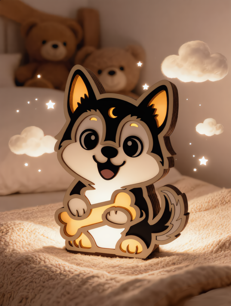 Veilleuse husky allumée installée dans chambre d’enfant