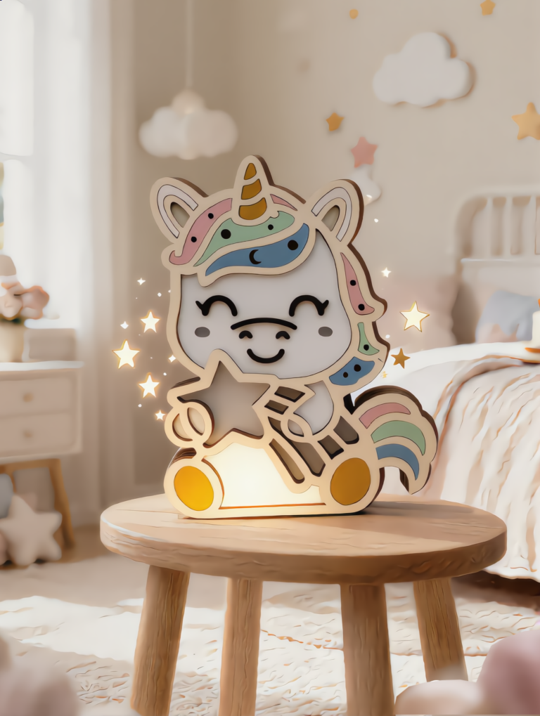 Veilleuse enfant en bois licorne personnalisable pour chambre bébé