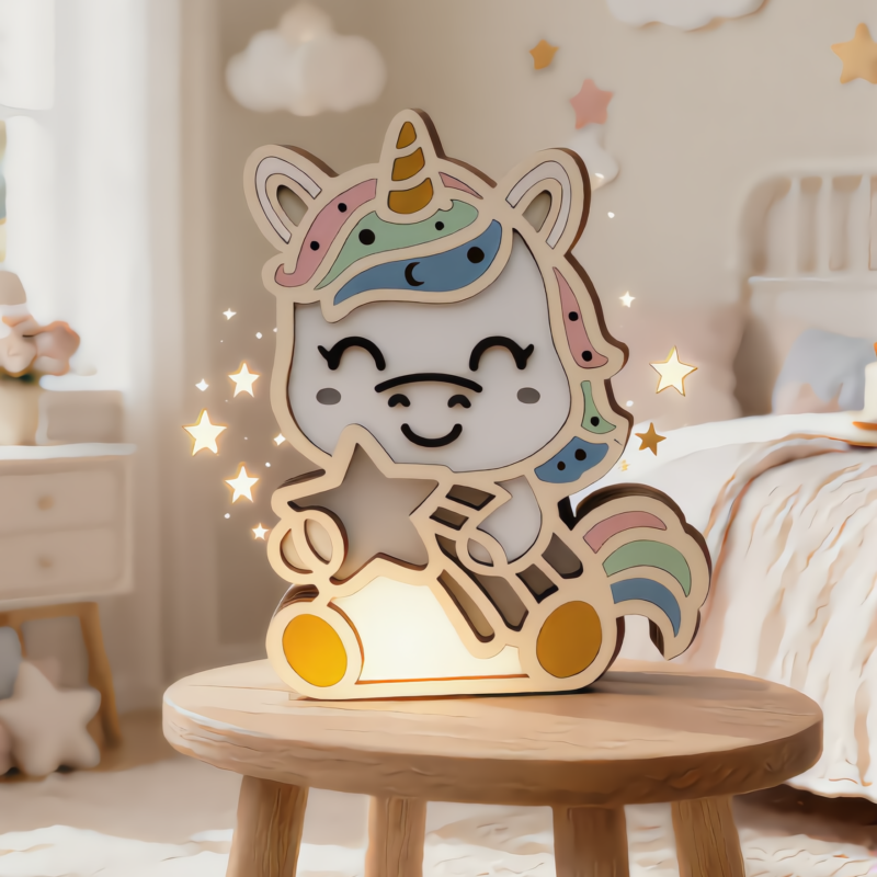 Veilleuse enfant en bois licorne personnalisable pour chambre bébé