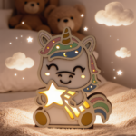 Veilleuse licorne allumée installée dans chambre d’enfant
