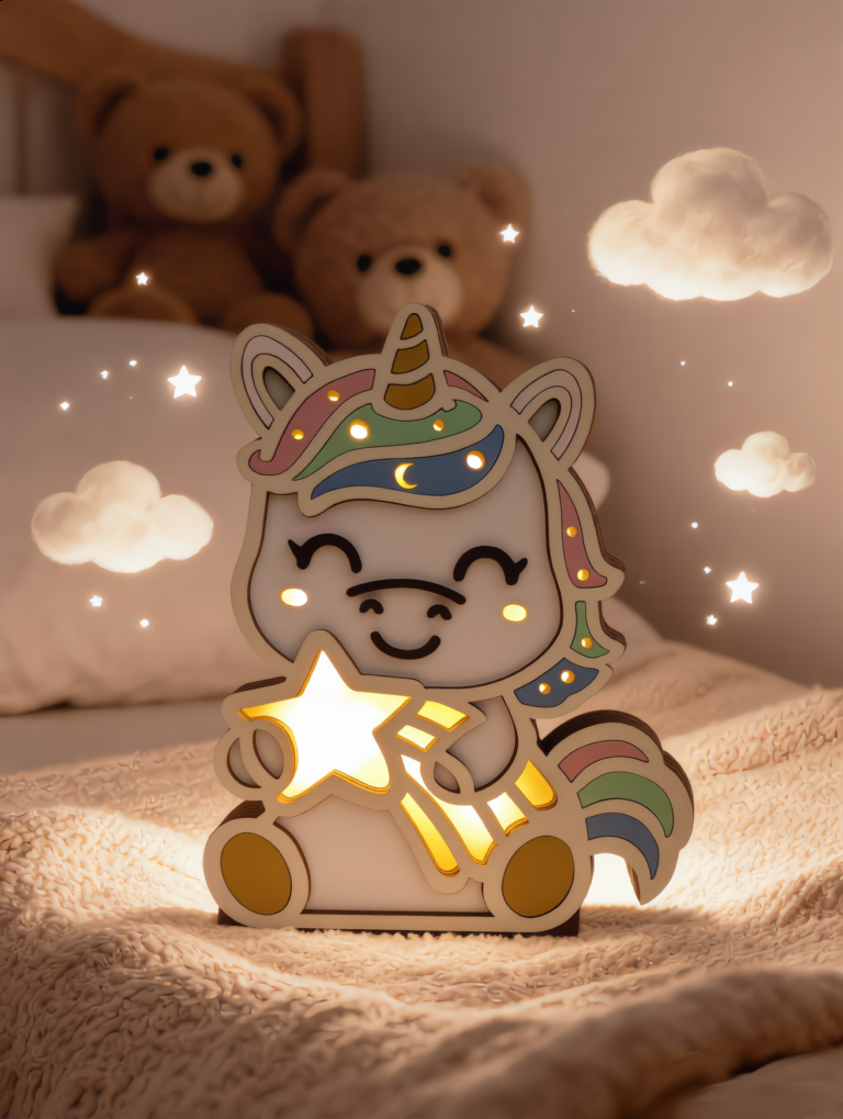 Veilleuse licorne allumée installée dans chambre d’enfant