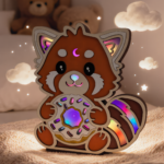 Veilleuse panda roux allumée installée dans chambre d’enfant