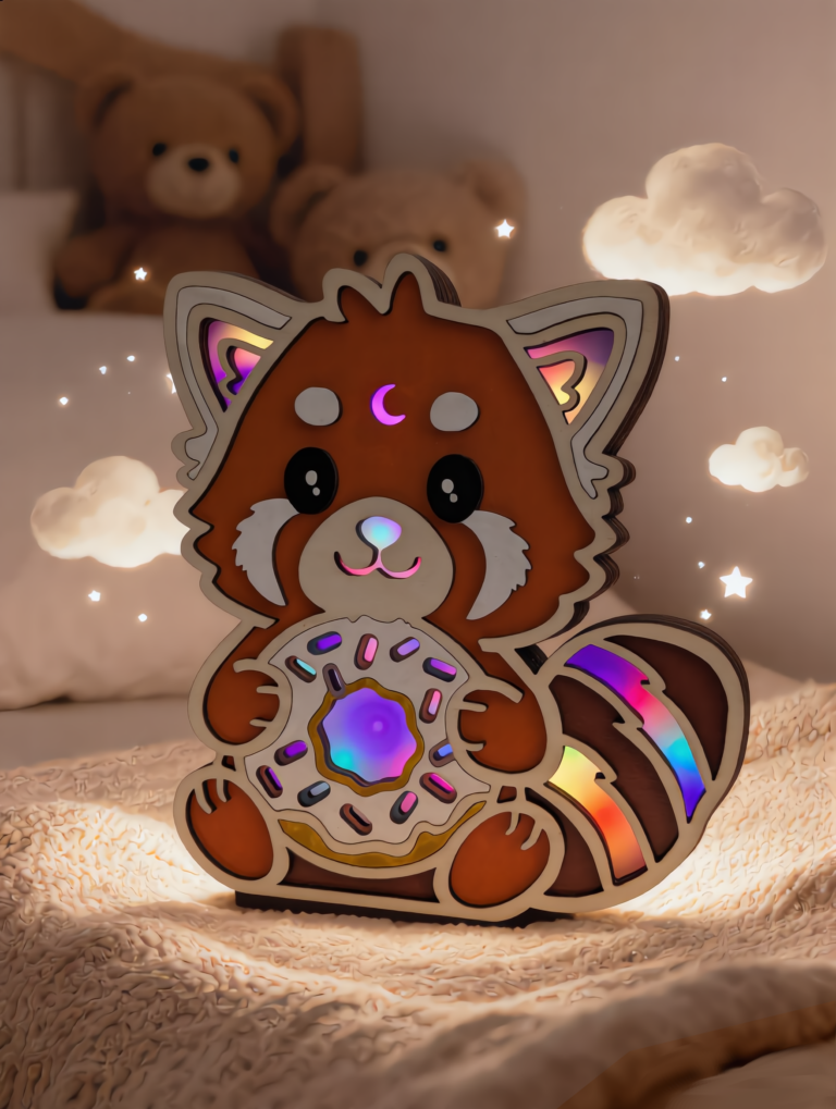 Veilleuse panda roux allumée installée dans chambre d’enfant