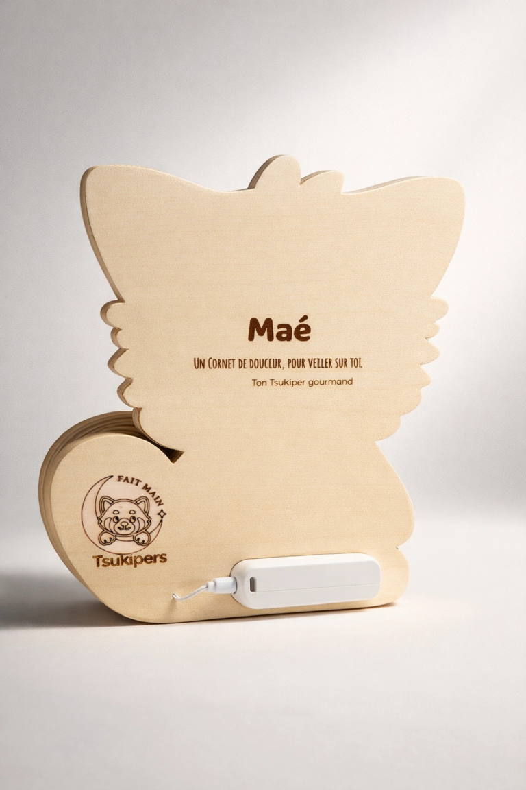 Veilleuse enfant en bois Panda Roux vue de dos avec gravure personnalisée pour chambre bébé