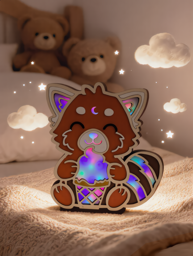 Veilleuse panda roux allumée installée dans chambre d’enfant