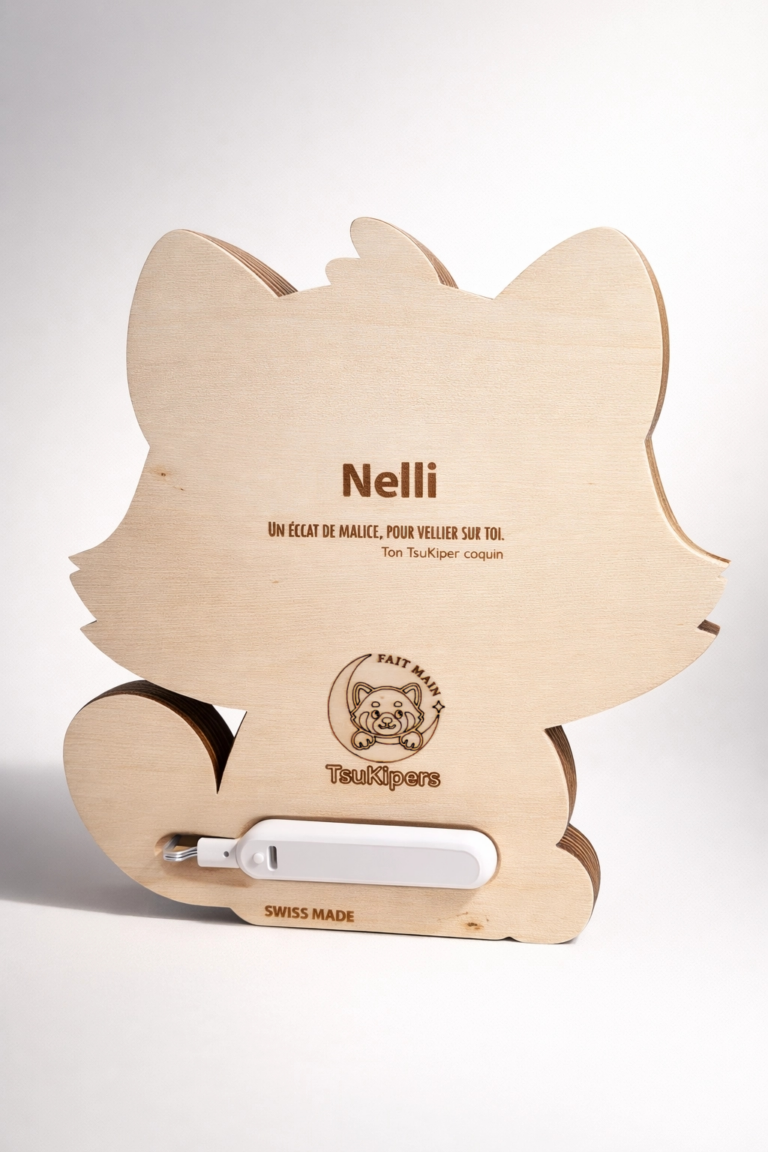 Veilleuse enfant en bois Raton laveur vue de dos avec gravure personnalisée pour chambre bébé