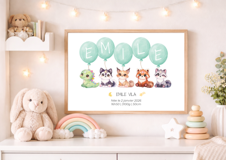 Affiche Gardiens TsuKipers Ballons Vert personnalisée | Prénom & détails de naissance | Illustration originale