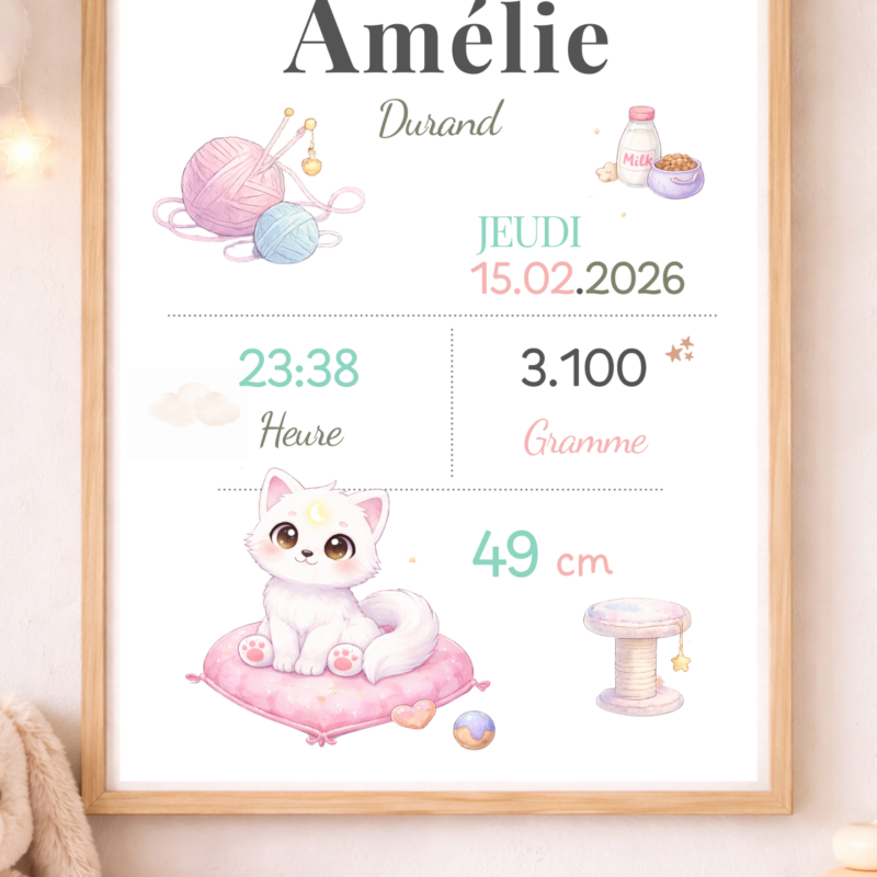 Affiche univers chat personnalisée | Prénom & détails de naissance | Illustration originale